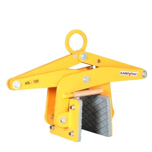 Yellow Stone Slab Scissor Lifter with automatic locking and rubber-lined pads for lifting granite and marble