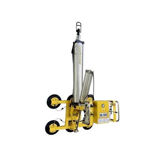 Yellow vacuum suction cup slab lifter with 90° auto-rotate and flip features